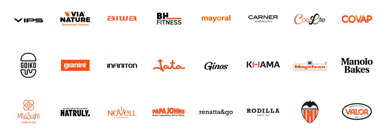 Logos de clientes de Viduce: VIPS, Via Nature, Aiwa, BH Fitness, Mayoral, Carner Barcelona, CooLife, Covap, Goiko, Granini, Infiniton, Jata, Ginos, Khama, Magefesa, Manolo Bakes, Miss Sushi, Natruly, Novell, Papa John's, Renatta & Go, Rodilla, Valencia CF, Chocolates Valor, Xtremebots